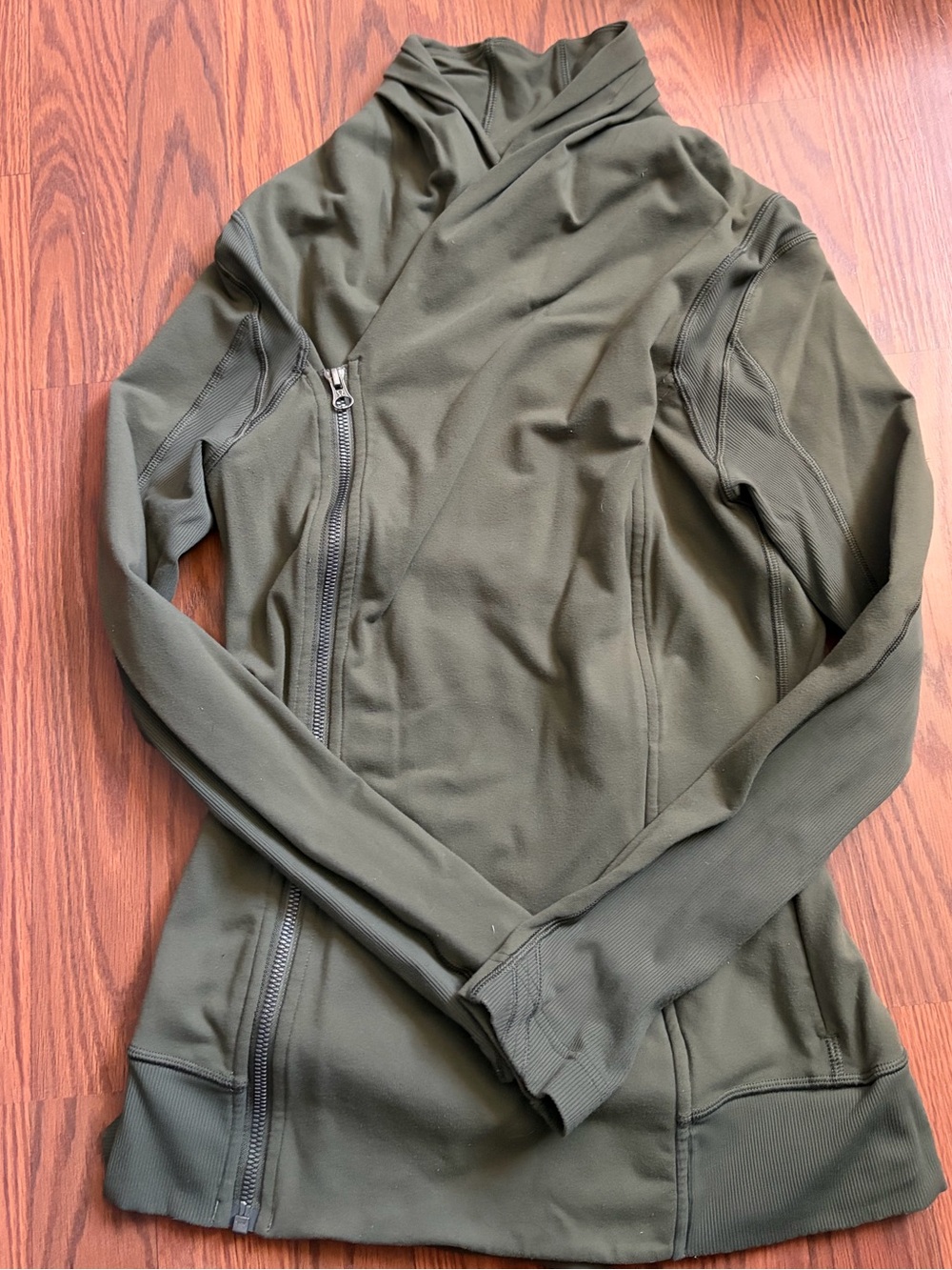 Lululemon Olive Green Asymmetrical Zip Jacket Size 4 Thumbhole Wrap jacket